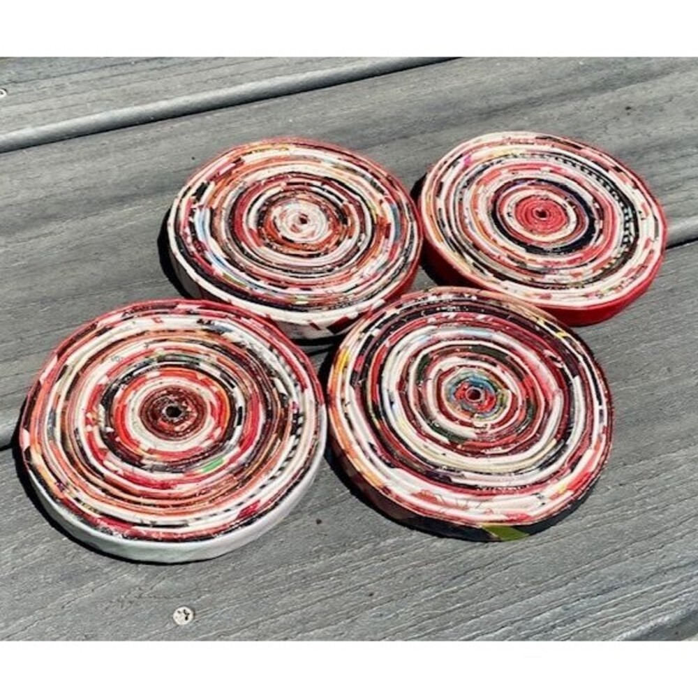 Eco Friendly Recycled Magazine‎ 4" Round Coasters RED Set of 4 Handmade Boho New